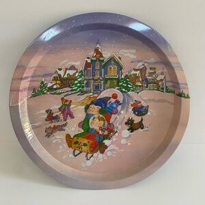 Vintage Christmas Tray 13” Round Festive Christmas Village Children Sledding